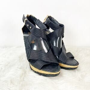 2/$30 BCBGMaxazria 8 B Womens Black Leather Weave Cross Stack High Heels